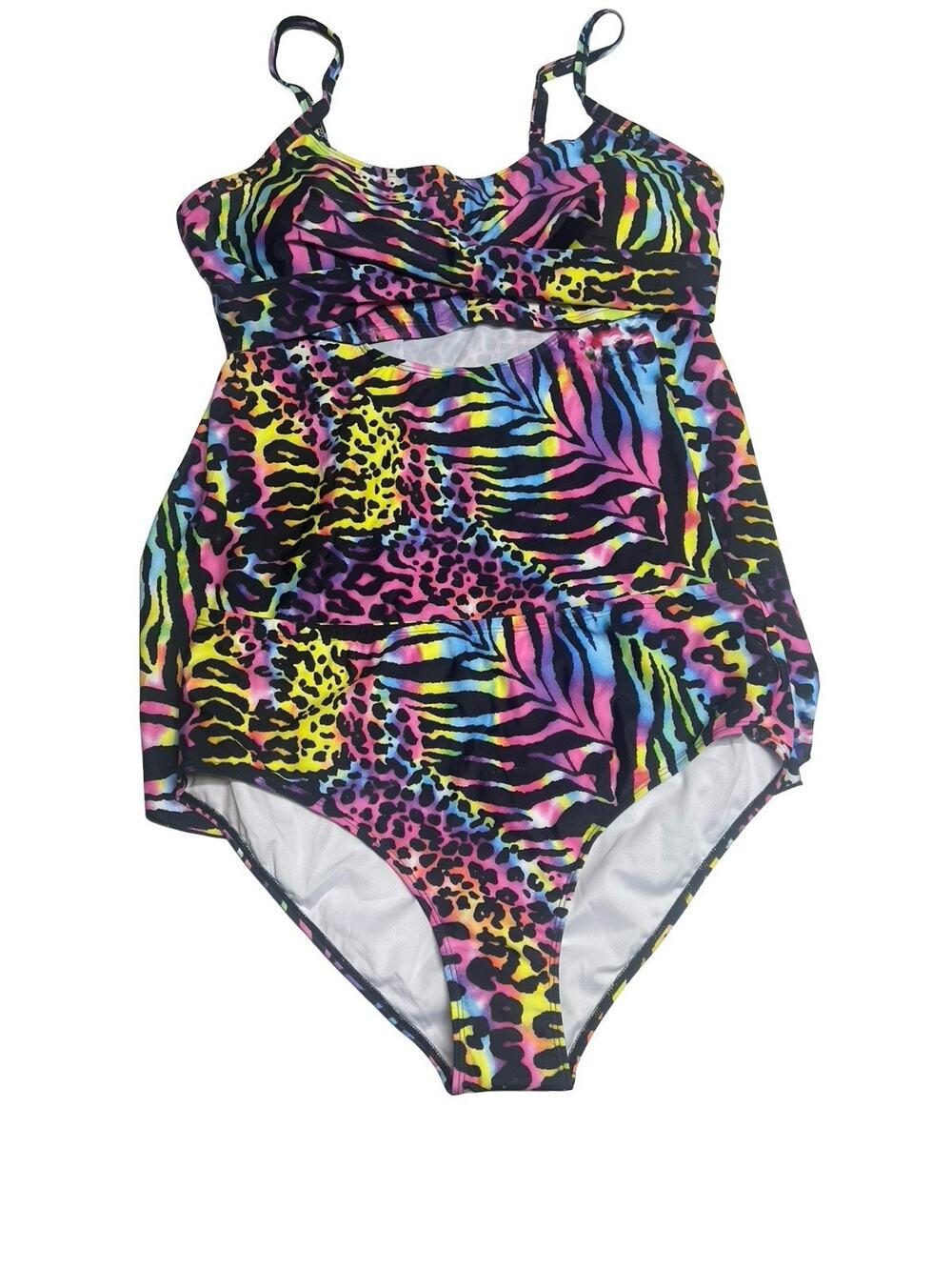 Rainbow Swim Dress 2 Pc Plus Size 3X Animal Print Swimsuit Resort NWOT Cutout